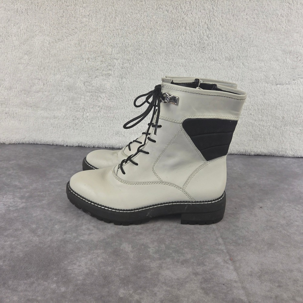 Franco Sarto Womens Cream Leather Black Quilted Combat Boots Lug Sole Size 7M